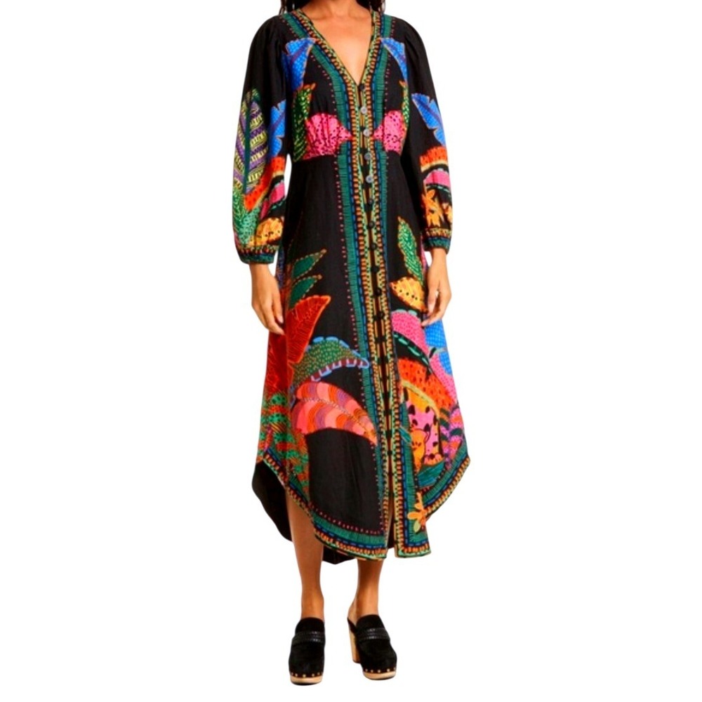 FARM Rio NWT SZ LGE Black Cool Leopards Maxi Dress Black High-Low Puff Sleeve - Picture 2 of 15
